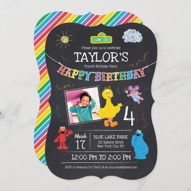 Sesame Street Pals Chalkboard Photo 4th Birthday Invitation (Front/Back)