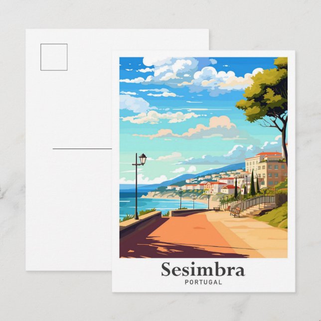 Sesimbra Portugal Art Vintage Travel Illustration Postcard (Front/Back)