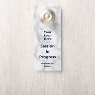 Session In Progress Faux White Marble Your Logo Door Hanger