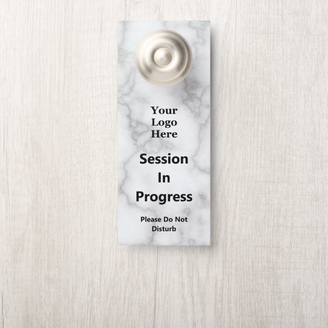 Session In Progress Faux White Marble Your Logo Door Hanger (On Knob)