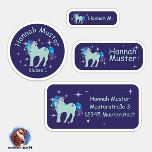 Set - 24 Namensaufkleber Fantasy Einhorn blau