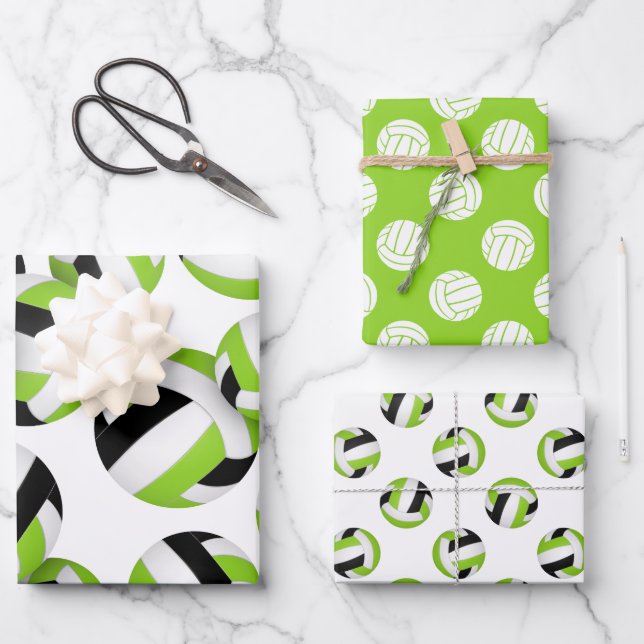 set 3 coordinating bright green black volleyballs wrapping paper sheet (Front)
