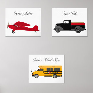 Set Art Prints Airplane Truck Bus Boy's Room