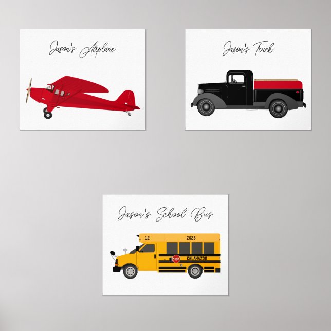 Set Art Prints Airplane Truck Bus Boy's Room (Front)