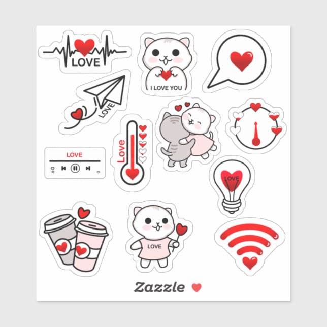 Set de 12 Valentines's Day cat stickers Love (Feuille)