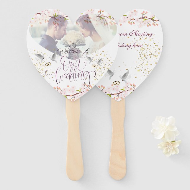 Set de abanicos con flores y palomas hand fan (Front and Back)