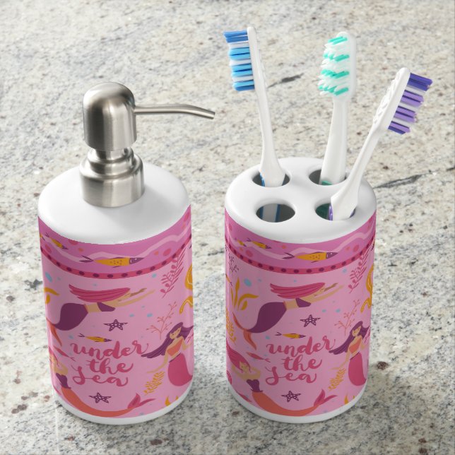 Set De Salle De Bain Les sirènes sous la mer - mauve rose (devant)