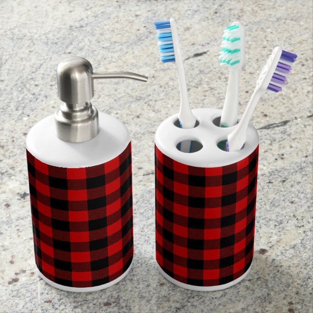 Set De Salle De Bain Motif Plaid de bison noir rouge (devant)
