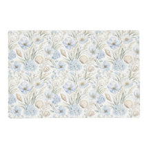 FLEURS BLEU PASTEL ET COQUILLAGES BEIGE & RAYURES
