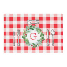 Watercolor Xmas Wreath MONOGRAM Red Check Laminate