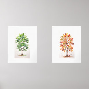 Set Oak Tree with Green Leaves and Fall Foliage