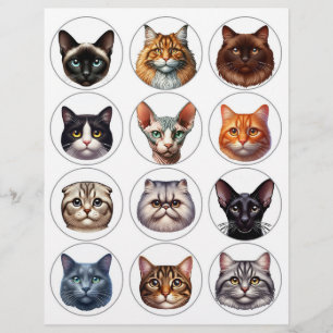 Set of 12 Pretty Round Illustrations of Cat Breeds
