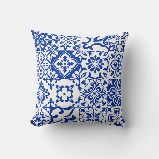 Set of 16 tiles Azulejos in blue,  white. Original Throw Pillow (Front)