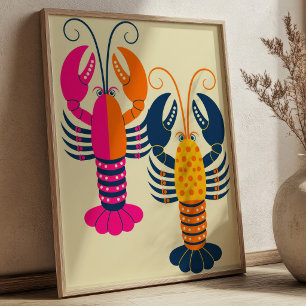 Set of 2 Cute Lobsters Colourful Stylized Seafood Poster