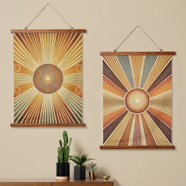 Set of 2 Geometric Sun Wooden Wall Tapestries  (Asymmetrical)