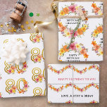 Set of 3 80th Birthday and Any Age Colourful Flora Wrapping Paper Sheet<br><div class="desc">Set of 3 Birthday wrapping papers with 3 different designs. One is 80th Birthday gift wrap with a pattern of gold number 80 decorated with pretty flowers. The other two sheets can be personalized for any age and feature feminine and elegant floral designs with colourful watercolor flower arrangements in shades...</div>