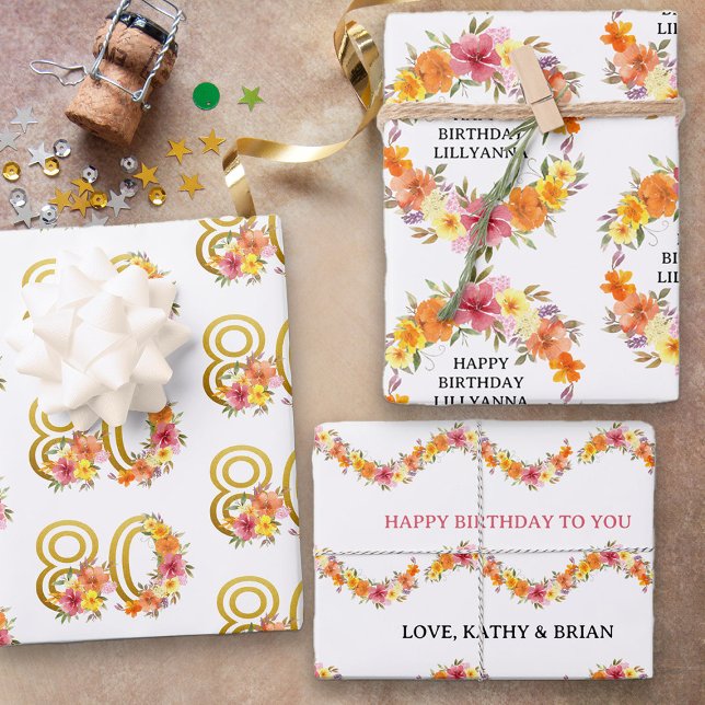 Set of 3 80th Birthday and Any Age Colourful Flora Wrapping Paper Sheet (Floral Gift Wrap Set inc. 80th Birthday from my Floral Number Birthday Party Collection)
