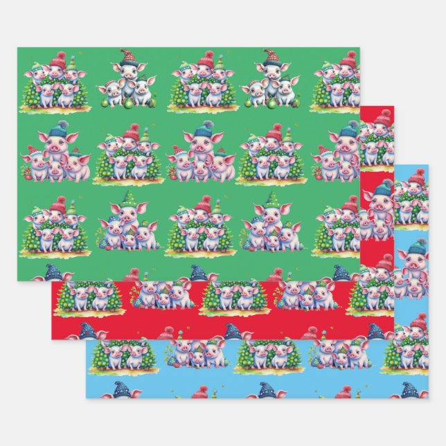 Set of 3 Assorted Adorable Pig Christmas Gift Wrap (Set)