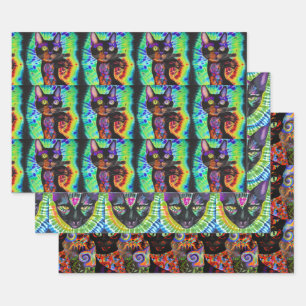 Set of 3 Assorted Cool Halloween Cat Gift Wraps Wrapping Paper Sheet