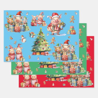 Set of 3 Assorted Cute Pig Christmas Gift Wraps Wrapping Paper Sheet