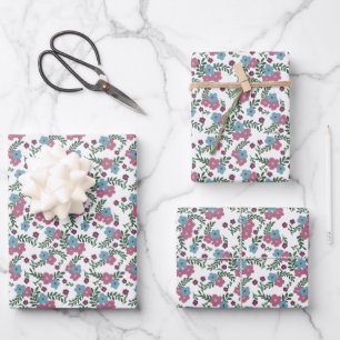 Set of 3-Boho Floral Pattern in Pink, Taupe & Teal Wrapping Paper Sheet
