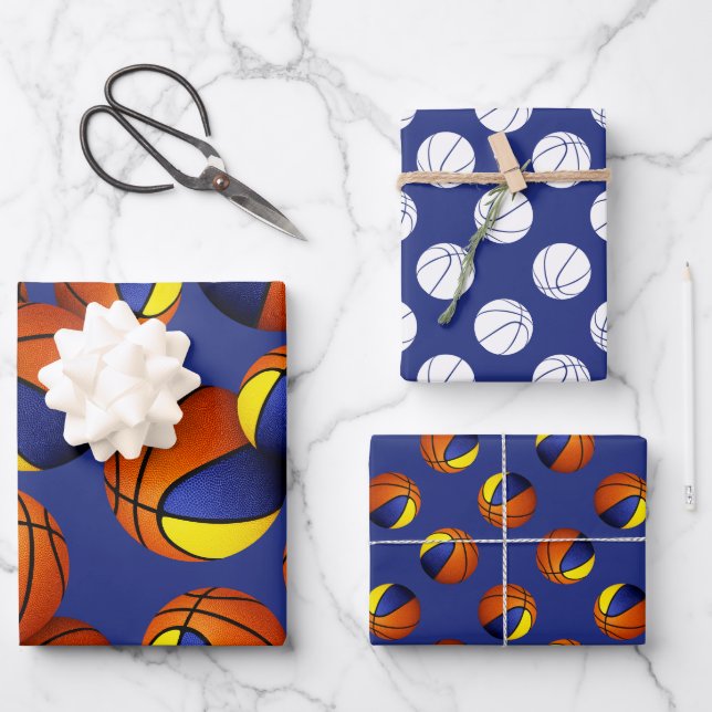set of 3 coordinating blue gold basketballs wrapping paper sheet (Front)