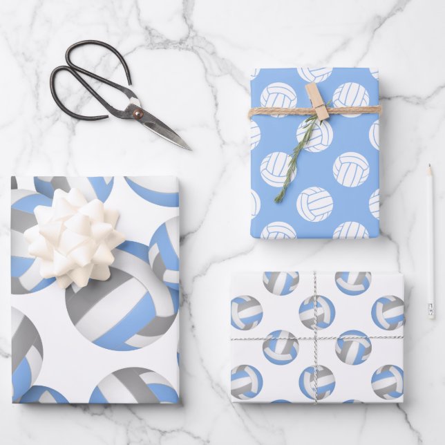 set of 3 coordinating light blue grey volleyball wrapping paper sheet (Front)