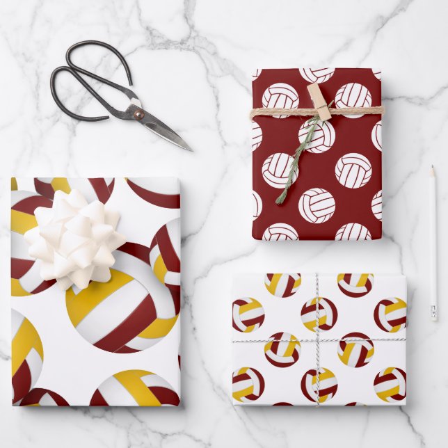 set of 3 coordinating maroon gold volleyball wrapping paper sheet (Front)