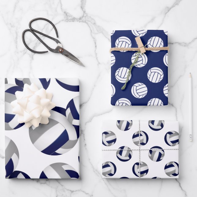 set of 3 coordinating navy blue grey volleyball wrapping paper sheet (Front)
