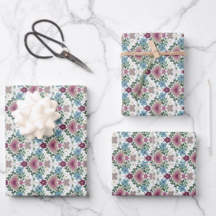 Set of 3-Earthy Pink & Teal Flowers and Hearts Wrapping Paper Sheet