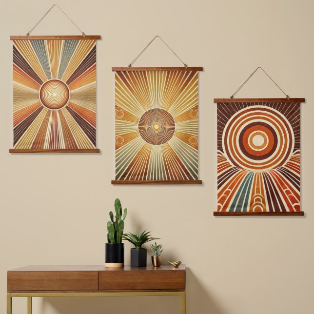 Set of 3 Geometric Sun Wooden Wall Tapestries (Asymmetrical)