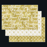 Set of 3 Gold Foil and White Modern Christmas  Wrapping Paper Sheet<br><div class="desc">This set of Christmas wrapping paper features a gold foil paper with elegant white script words including holidays,  noel,  family,  snow,  forever,  love,  December,  joy and peace. Another paper is white with gold foil snowflakes and the last one is gold foil with leaping white reindeer.</div>