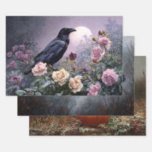 Set of 3 Gothic Raven Scenes Decoupage Wrapping Paper Sheet