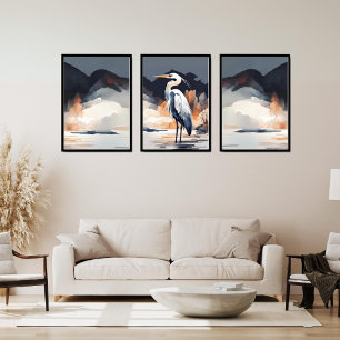 Set of 3 Heron Landscape Paintings Orange & Gray