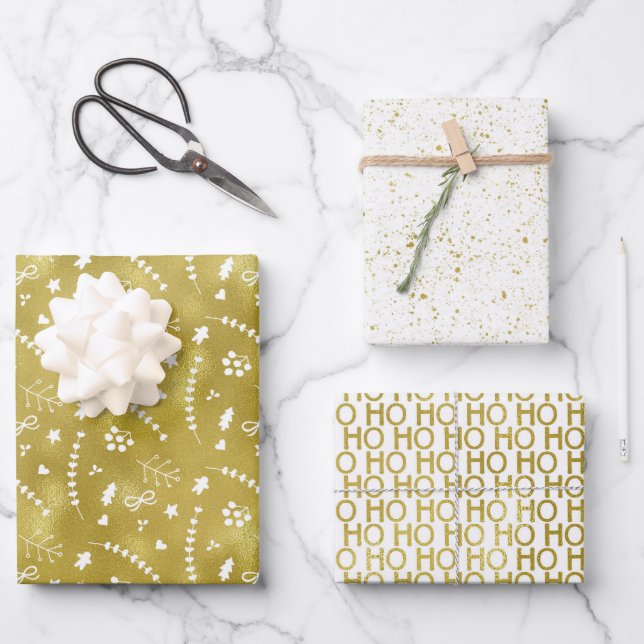 Set of 3 Modern White and Gold Foil Christmas Wrapping Paper Sheet (Front)