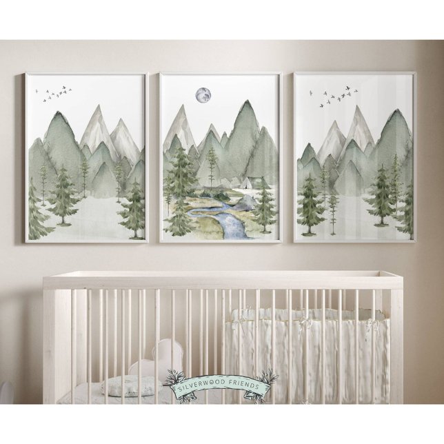 Set of 3 Mountain Nursery Prints (Set of 3 Mountain Nursery Prints featuring a watercolour mountain and forest landscape)
