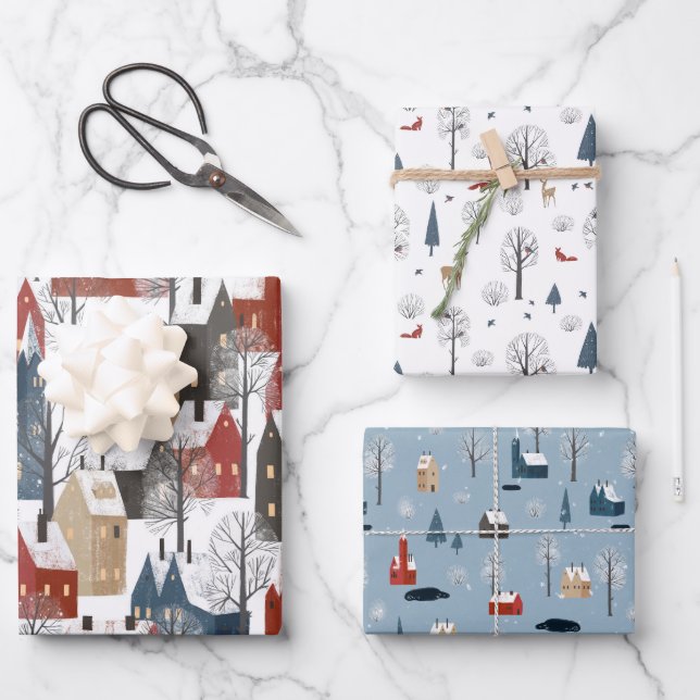 Set of 3 Scenic Winter Wonderland Country Villages Wrapping Paper Sheet (Front)