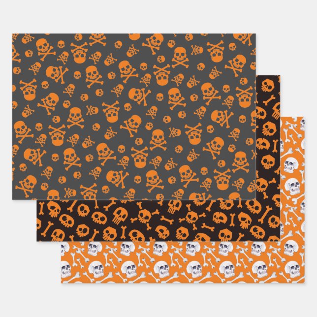 Set of 3 Skull and Crossbones Pumpkin Orange Wrapping Paper Sheet (Set)