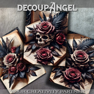 Set of 3 - Skull and Scarlet Roses #1 - Decoupage Wrapping Paper Sheet