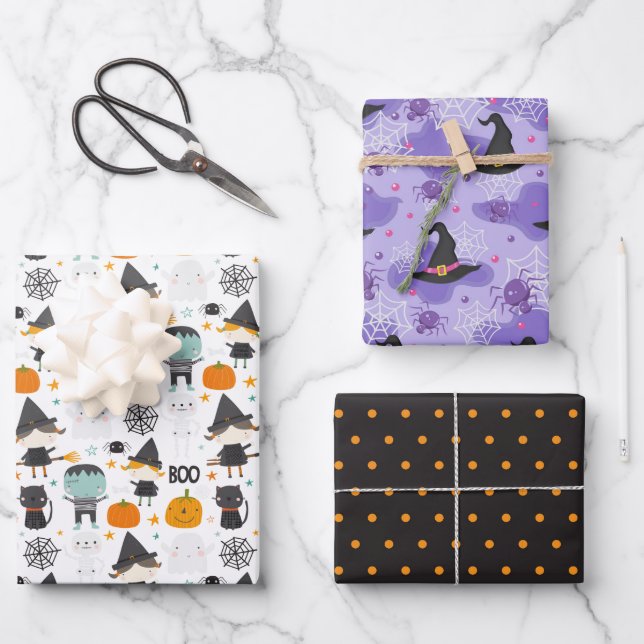 Set of 3 Whimsical Halloween  Wrapping Paper Sheet (Front)