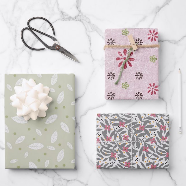 Set of 3 Wrapping Papers in florals and leaves  Wrapping Paper Sheet (Front)