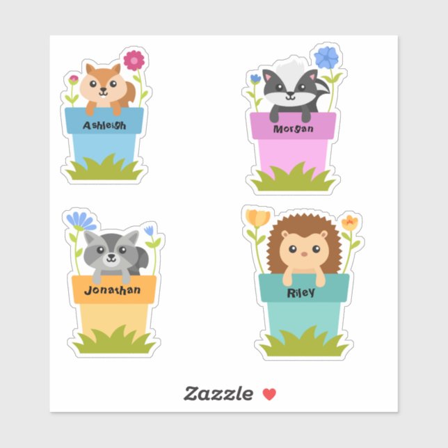 Set Of 4 Cute Animals In Garden Pots Stickers (Sheet)