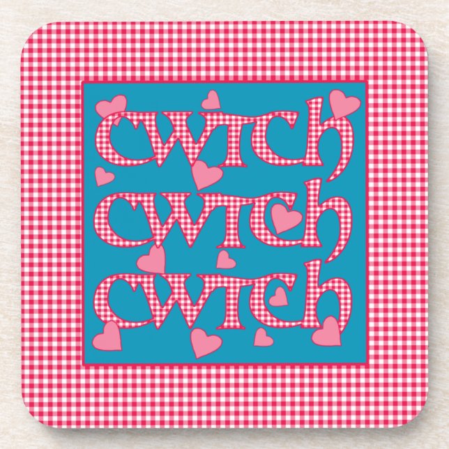 Set of 6 Cork Coasters with Welsh Cwtch and Hearts (Front)