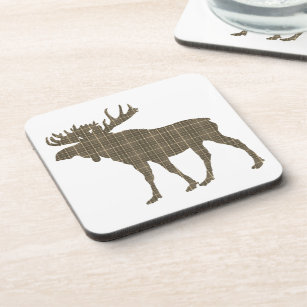 Set Of 6  Drink Coasters plaid moose