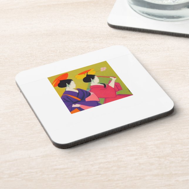 Set of 6 durable corkback coasters with 2 Geishas  (Left Side)