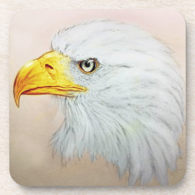 Set of 6 White Eagle Coasters Set, Bird Drawing (Front)