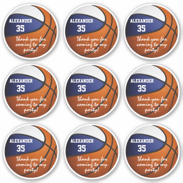 set of 9 blue white basketball party favour label (Front)