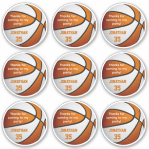 set of 9 orange white basketball party favour labe