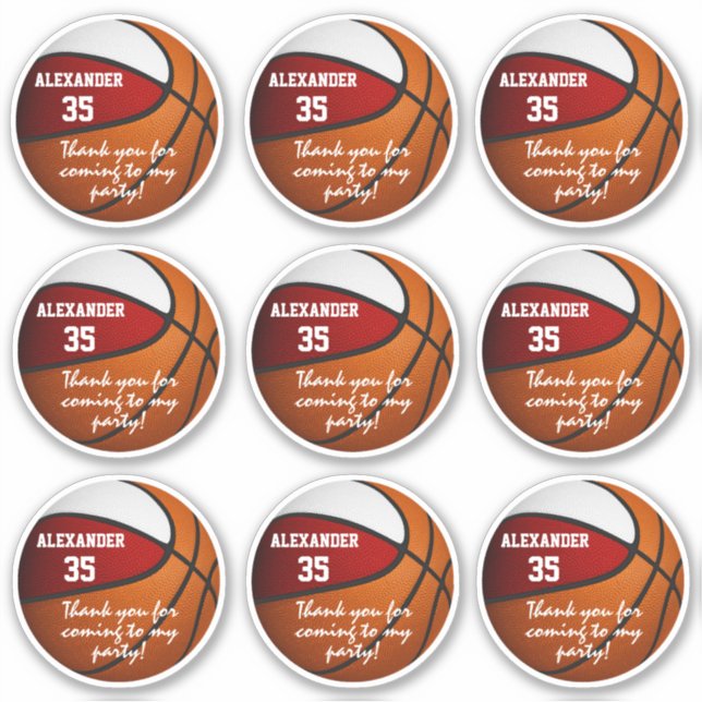 set of 9 red white basketball party favour label (Front)