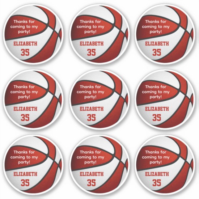 set of 9 red white basketball party thank you (Front)